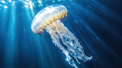 A solitary jellyfish drifting gracefully through deep blue waters, with sunlight filtering down from above