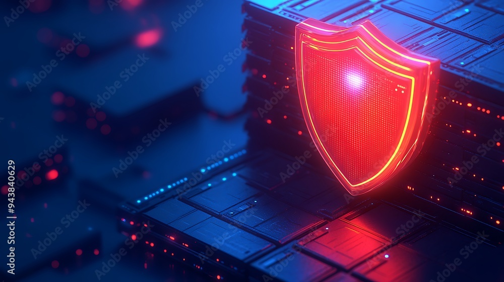 Poster digital illustration of a glowing red shield on server stacks, representing cyber security and data 