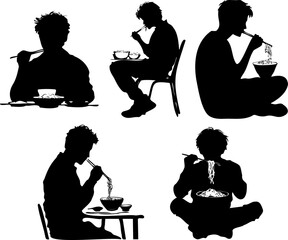 silhouette illustration set man eating ramen with chopsticks
