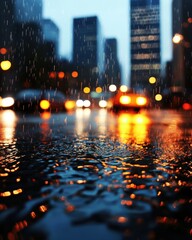 Rainy city street at night with blurred lights and reflections on wet pavement, creating a moody and atmospheric urban scene.