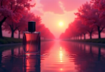 Elegant Perfume Bottle at Sunset with Cherry Blossom Reflection