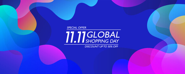 Global Shopping Day banner. 11.11 commercial background for sale promotion, discount shopping and advertising. Color waves. Vector illustration.