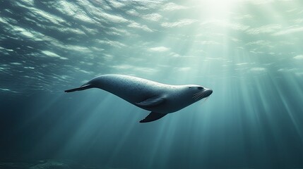 Obraz premium A solitary sea lion swimming near the surface of the water, its streamlined body moving gracefully