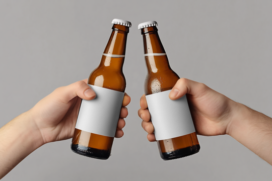 two hands holding beer bottles with white blank labels