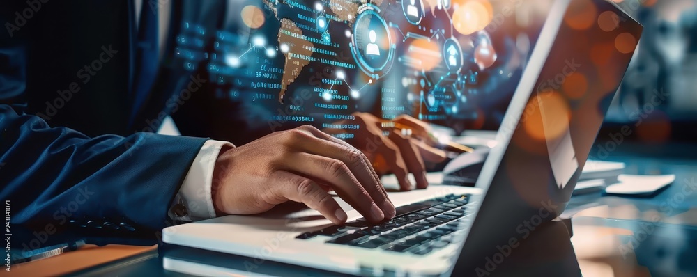 Poster business professional working on a laptop analyzing data with futuristic digital interface, emphasiz