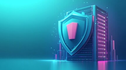 Digital representation of cybersecurity with a shield icon protecting a server, highlighting data protection and online security measures.