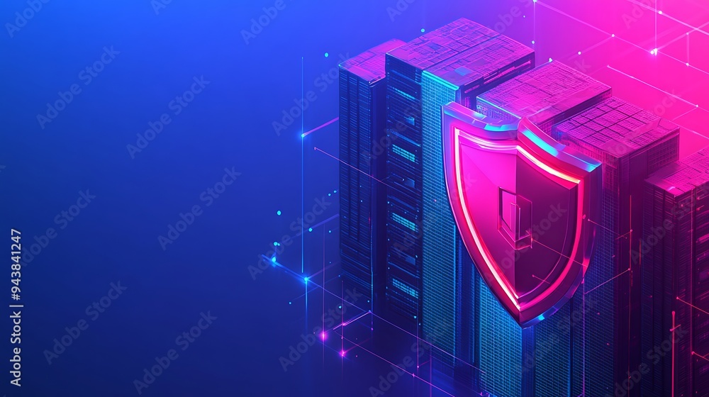 Poster digital representation of cybersecurity with neon shield on server racks, signifying data protection