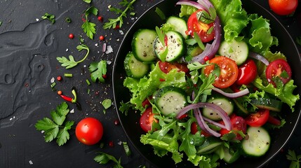 Close-up shot of a colorful medley of fresh vegetables including bell peppers, cherry tomatoes, cucumbers, and red onions, lightly dressed in vinaigrette, set against a dark background,