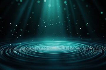 Fototapeta premium Mesmerizing teal light beams over calm water creating ripple effect, with sparkling particles, bringing serene and ethereal vibes.