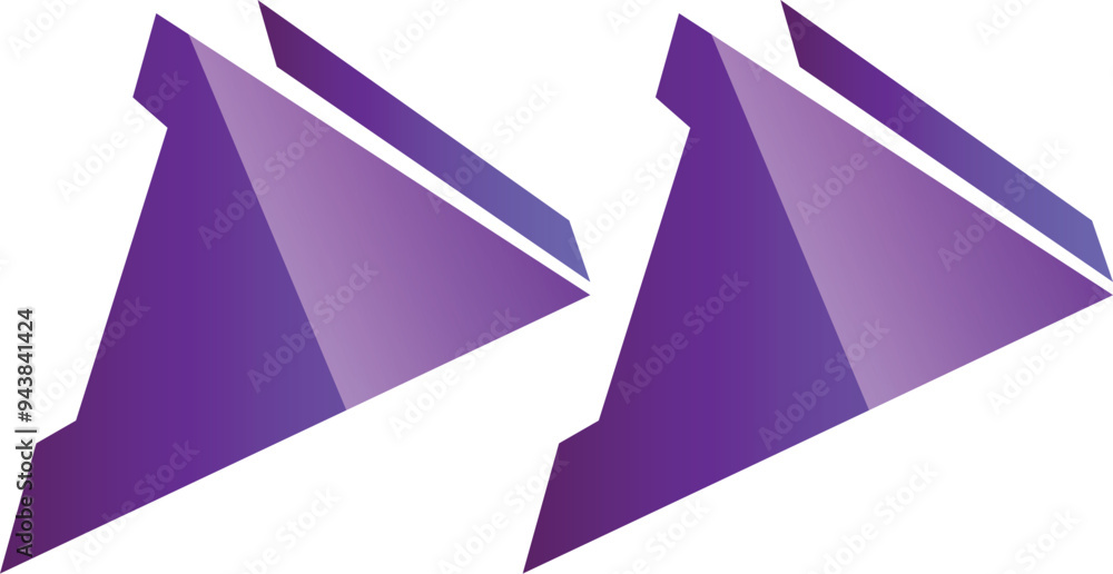 Poster two purple abstract triangles pointing to the right on a white background