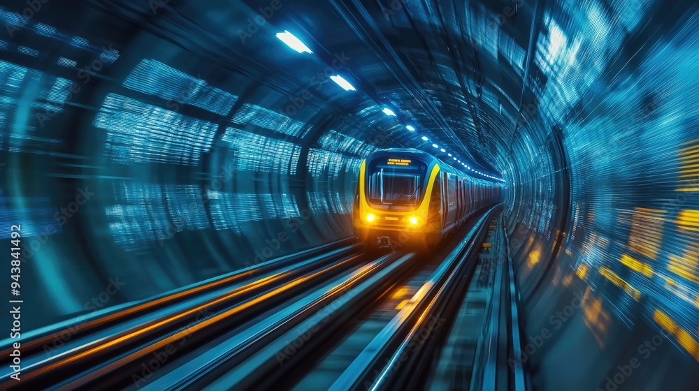 Poster a train traveling through an urban tunnel with dynamic lighting and digital displays, showcasing the