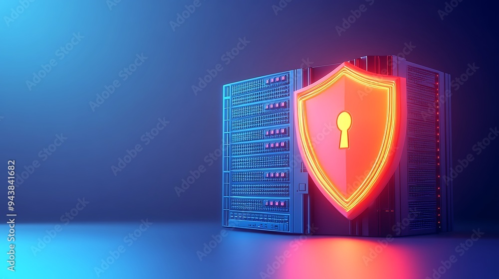 Poster digital security concept showing a server protected by a glowing shield with a keyhole symbol.