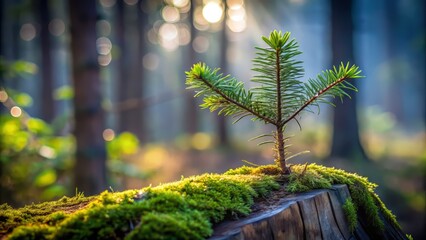 Delicate pine needles on a solitary branch precariously balanced on a mossy ancient tree stump in moody soft focus forest landscape