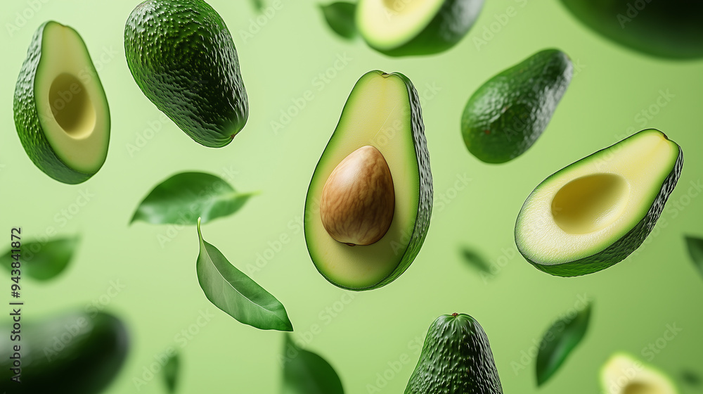 Wall mural Dynamic Avocado Cascade: Aerial Display of Fresh Avocados with Leaves on Green Background