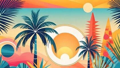 Obraz premium Colorful sunset over a tropical beach with vibrant palms and foliage during a serene evening poster