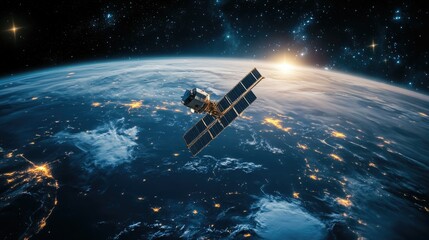 Communication satellite orbiting Earth, with signal waves emanating from it, representing global communication technology