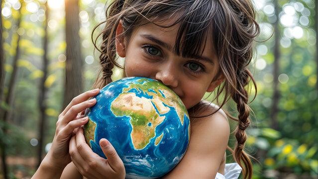 Girl holding a globe in her hands and kissing it