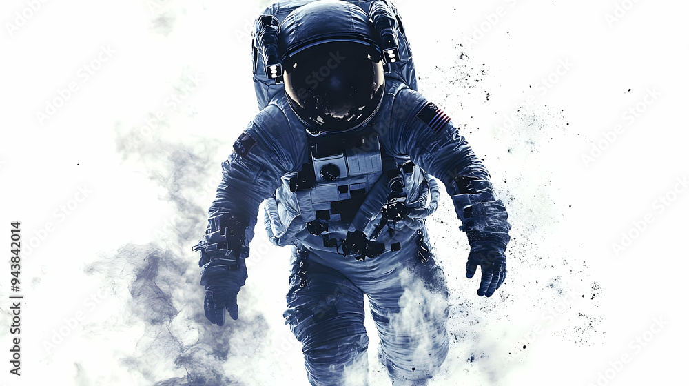 Poster astronaut in a space suit walking through a cloud of particles.