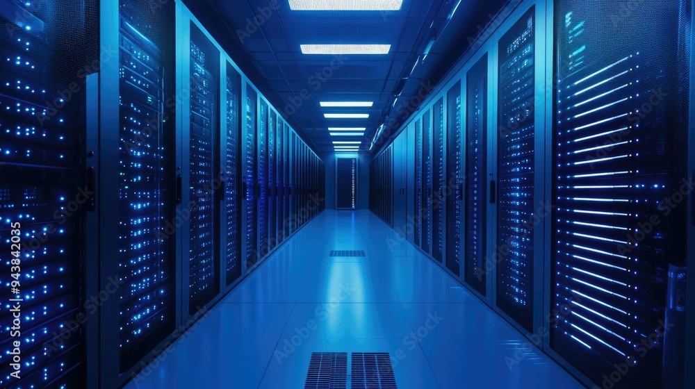 Poster data center interior with rows of servers and cooling systems, representing the infrastructure of co