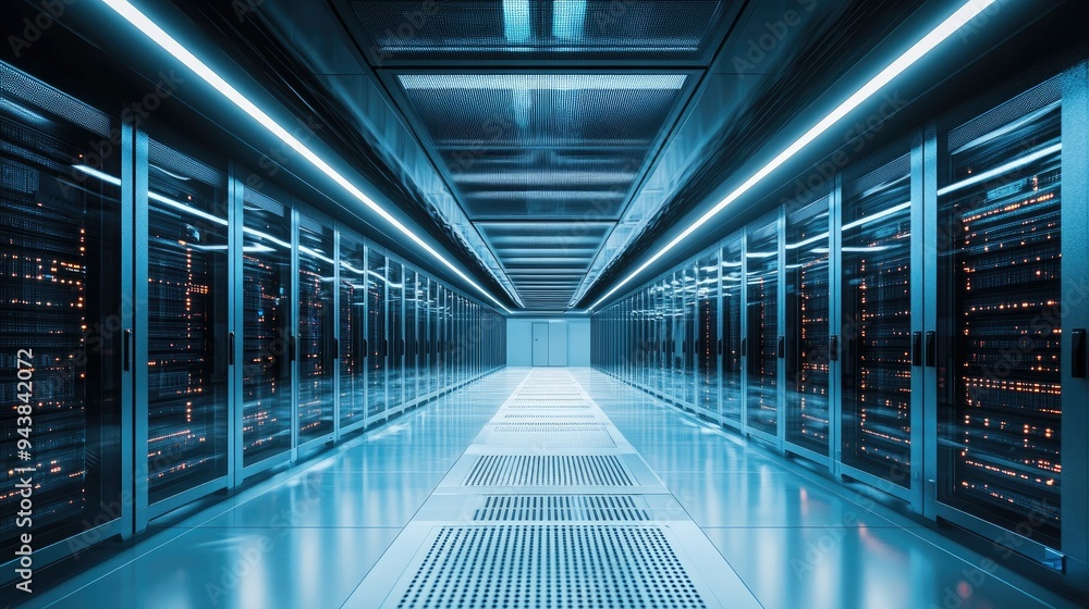 Poster data center interior with rows of servers and cooling systems, representing the infrastructure of co