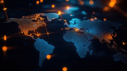 Illuminated world map showing global connections and networks with glowing points and lines on a dark blue background.