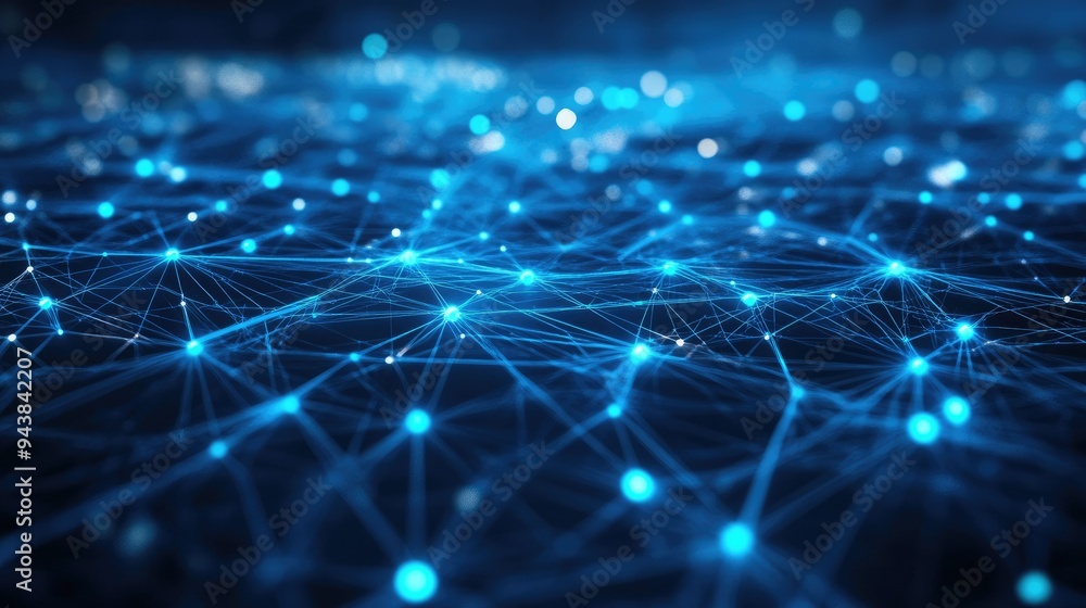 Poster digital network map with connected nodes and data streams, representing global communication and inf