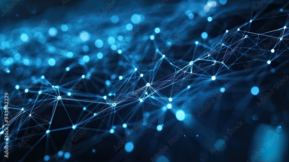 Poster digital network map with connected nodes and data streams, representing global communication and inf