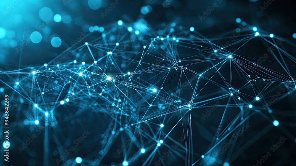 Poster Digital network map with connected nodes and data streams, representing global communication and information exchange