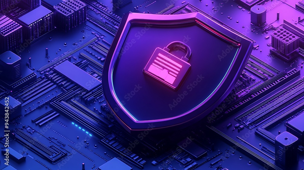 Poster digital security concept with a lock and shield on a circuit board, representing internet safety and