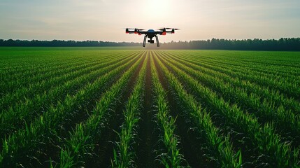 Drone flying over a vast cornfield, capturing data and monitoring crop health with advanced sensors and cameras