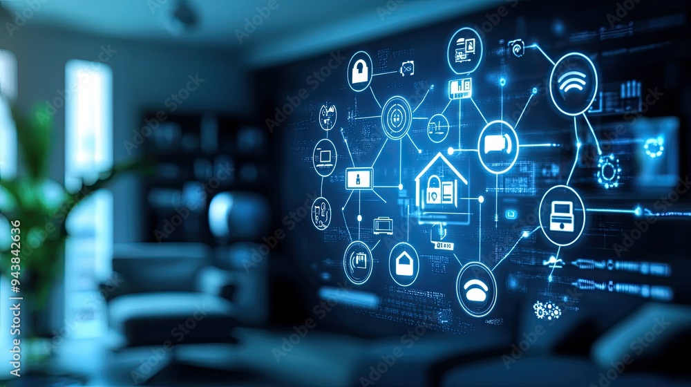 Poster internet of things (iot) devices connected in a smart home, with icons representing their communicat