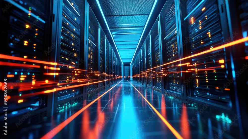Poster high-tech server room with rows of glowing servers and fiber optic cables, symbolizing the backbone 