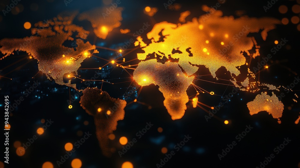 Poster Glowing global map with connected network dots. Illustration of global connectivity, data flow, and digital communication.