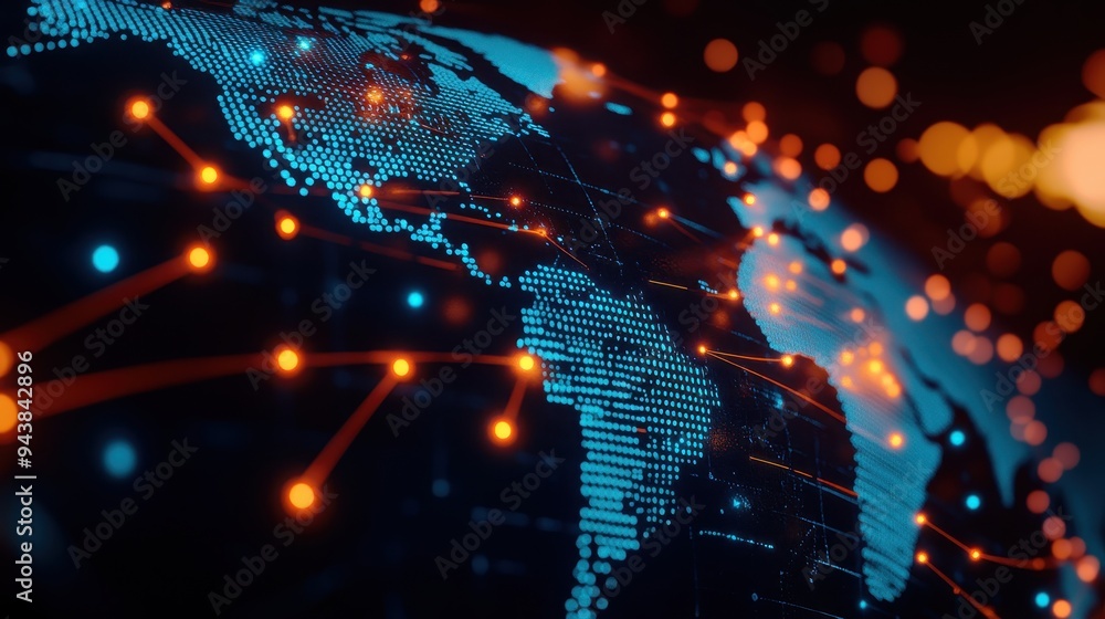 Leinwandbilder Global network connections depicted on a digital world map with vibrant lights representing data transfer and communication links.