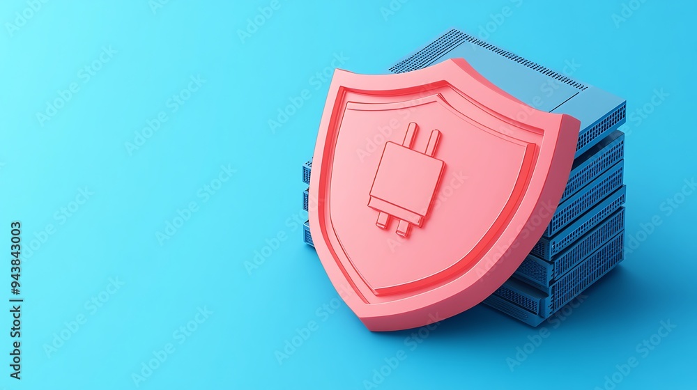 Poster digital security concept with a shield and electronic stack on a blue background. ideal for technolo