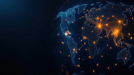 Global connection network visualization with glowing points representing connections across continents.