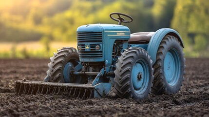 Obraz premium Vintage blue tractor on freshly plowed field at sunset