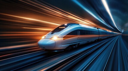 Fototapeta premium A bullet train speeding through a tunnel, with bright lights illuminating its sleek design, symbolizing the pinnacle of railway technology.