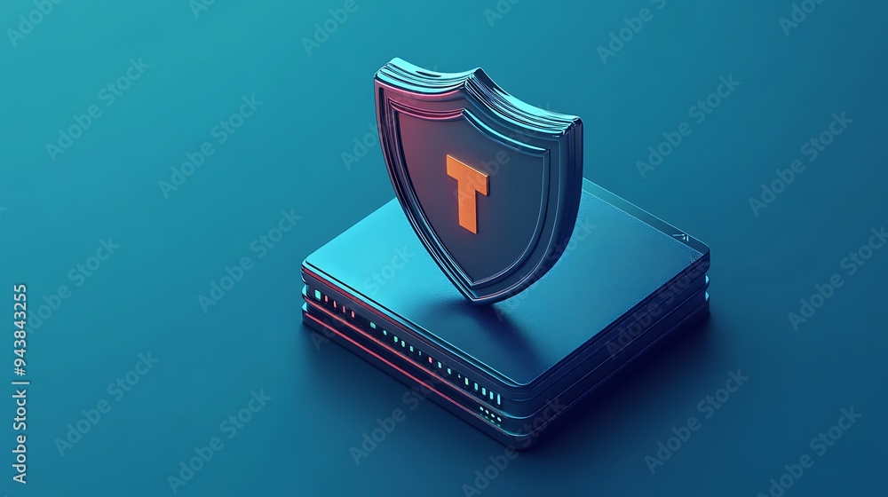 Poster digital security concept with a shield symbol on a server, representing protection and data encrypti