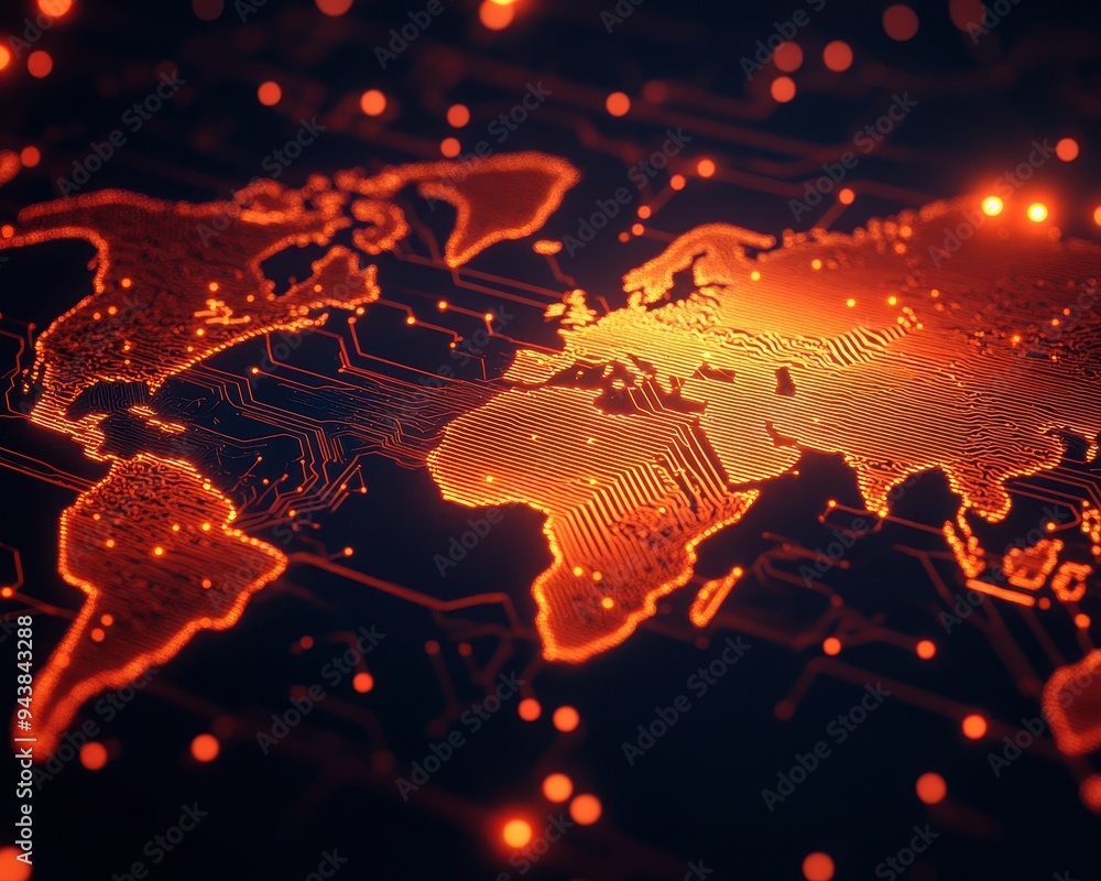 Poster futuristic glowing world map with digital connections, ideal for global technology or network concep