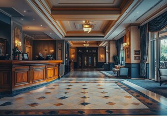 Luxury Hotel Lobby Interior with Marble Floor and Reception Desk