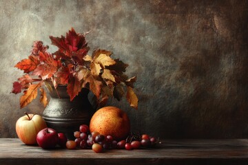 Autumn Still Life with Fall Leaves, Apples, Grapes, and a Rustic Jug © Nico