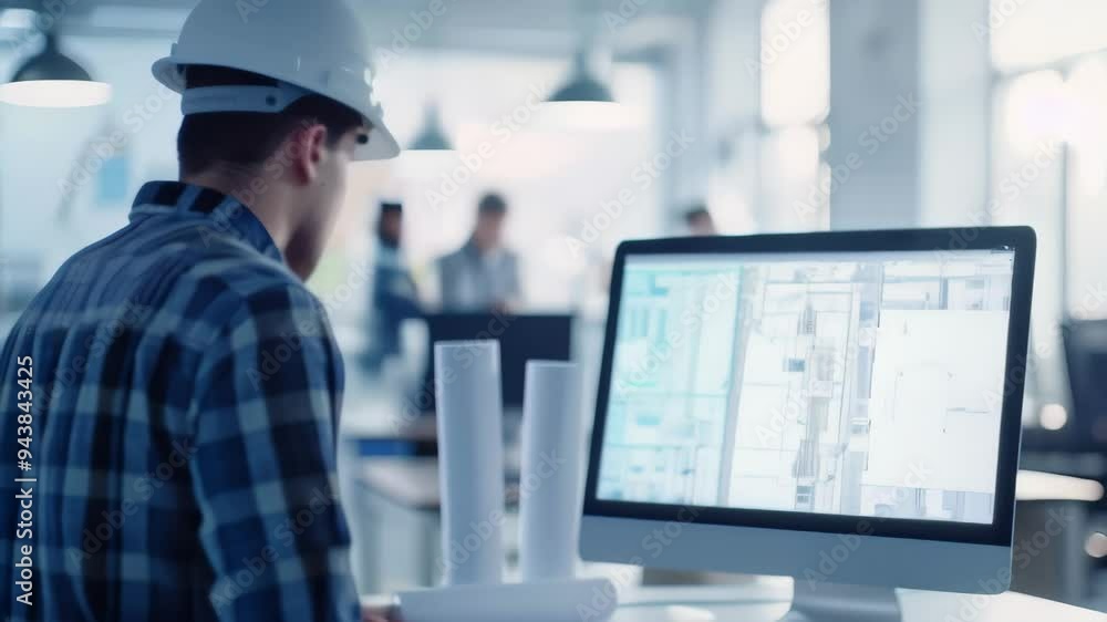 Aufkleber Engineer working on computer with CAD software in a modern office. Concept of technical design, digital engineering, and architectural planning 