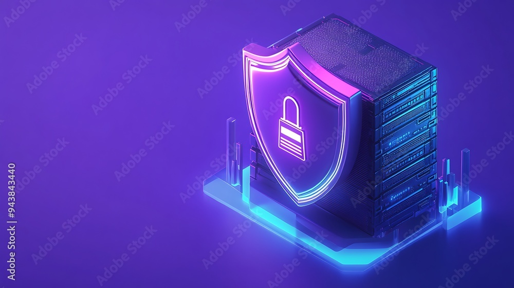 Poster digital security concept with glowing shield and lock icon over server. futuristic cyber protection 