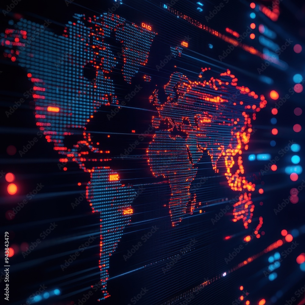 Leinwandbilder Futuristic digital world map with glowing blue and red lights, showcasing global connectivity and data networking.