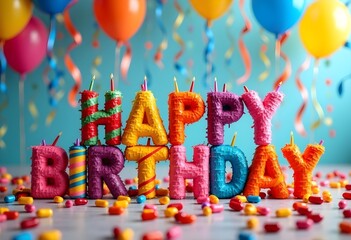 Colorful Happy Birthday Pinata Letters with Balloons and Confetti