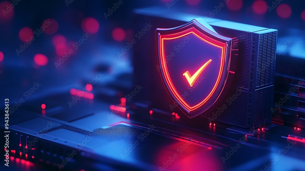 Poster digital security concept with illuminated shield and check mark on a motherboard, representing data 