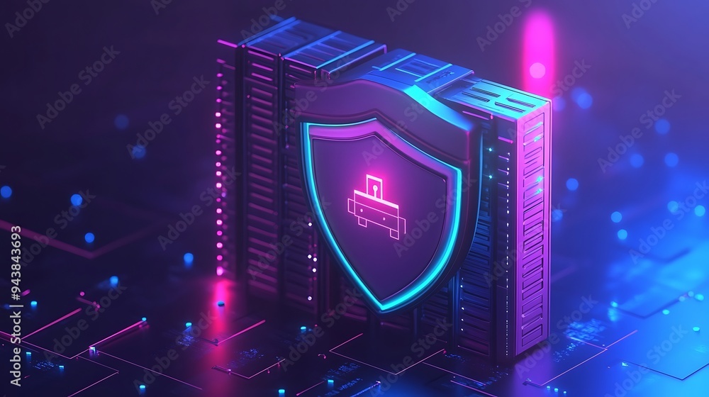 Poster digital security concept with neon shield and server. cybersecurity protection and data safety in fu