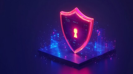 Fototapeta premium Digital security concept with neon shield, keyhole, and glowing particles symbolizing data protection and cyber defense on dark background.