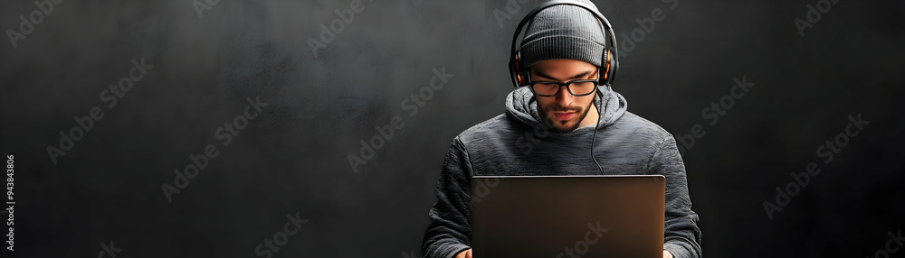 Poster person with laptop and headset for tech support concept as a person using a laptop and wearing a hea